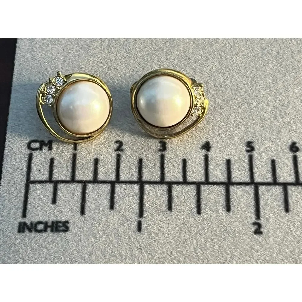 VTG Monet Earrings Clip On Gold Tone Faux Pearl Rhinestones Coquette Prom Formal